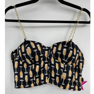 Rabbit Rose Champagne Party Crop Top Chain Strap Bodice Black NEW Small Womens